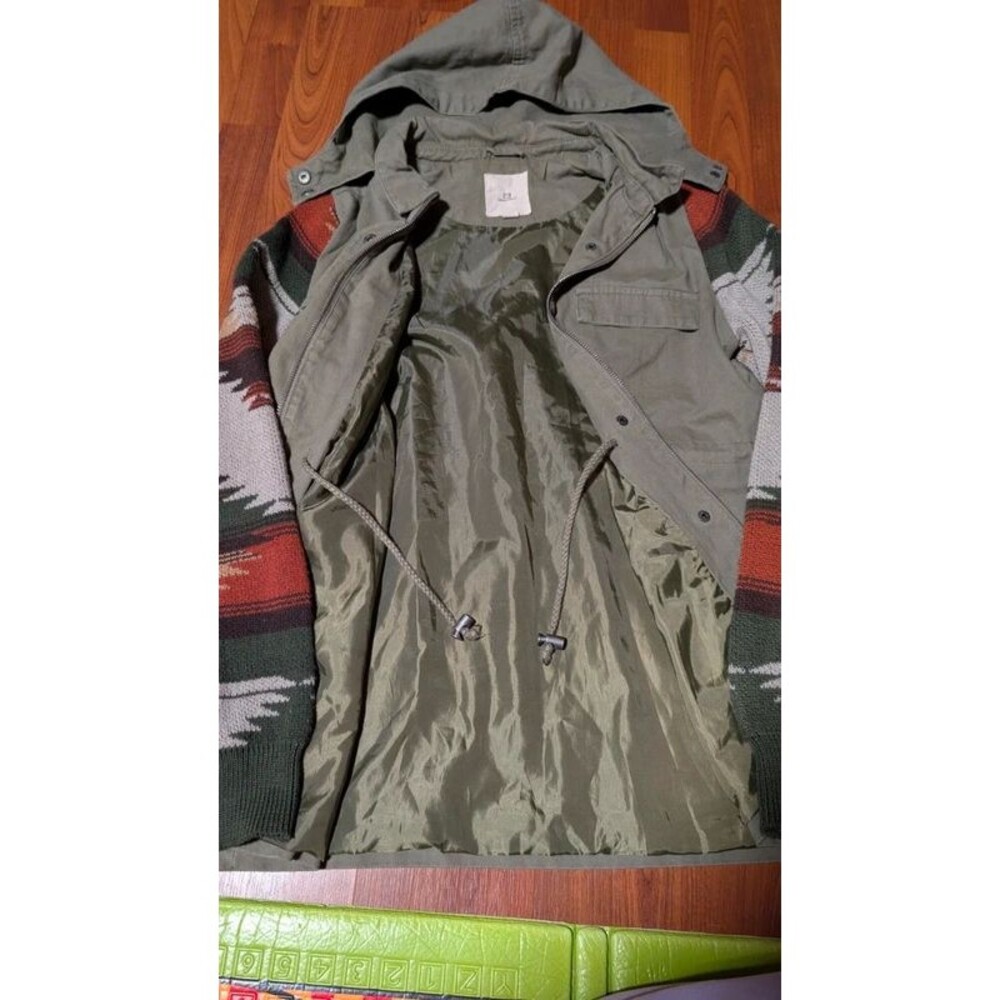 Thread & Supply XS Olive Utility Jacket Southwestern Knit Sleeve Hooded Boho
